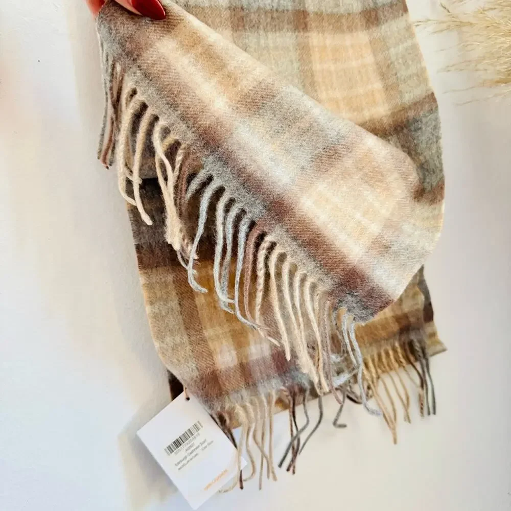 NEW EDINBURGH Beige Soft Blue Tan Cashmere Tartan Plaid Tassel Cozy Scarf Wrap